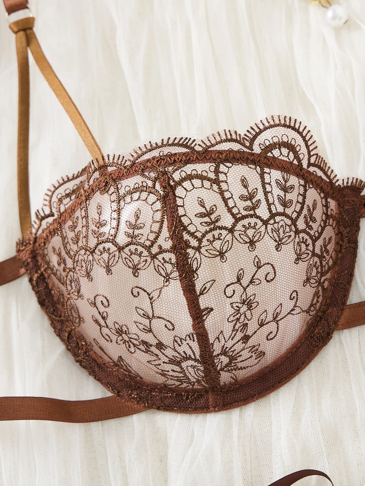 Coffee vintage lace lingerie set - Sexy net fabric embroidery 3/4 cup gathering bra with elasticized straps thong set