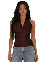 Women Halter Cowl Neck Tank Tops Slim Solid Color Satin Sleeveless Backless Vest for Going Out Party Club