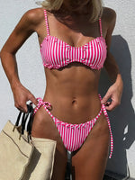 Sexy Pink Stripe Bikini Set Women Halter Braiding Rope Push Up Bra Bandage Thong Swimsuit 2026 Holiday Bathing Suit Swimwear