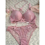 Boho Layered Lace Halter Bra Set - Hollow Out Bow Design Top, Inner Red Lace Up Bra, Summer Beach Two Piece Lingerie Set MOYISU