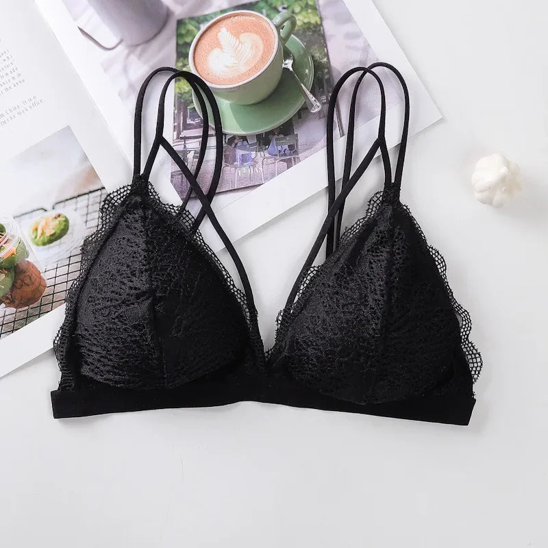 Women Scalloped Lace V Neck Padded Bra Fixed Non Adjustable Double Thin Strap Triangle Hollow Bralette One Size Underwear