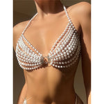 Luxury Pearls Halter Hollow Out See Through Bikini Top Female Swimsuit Women Swimwear Bather Bathing Suit Swim Beach Top V5409