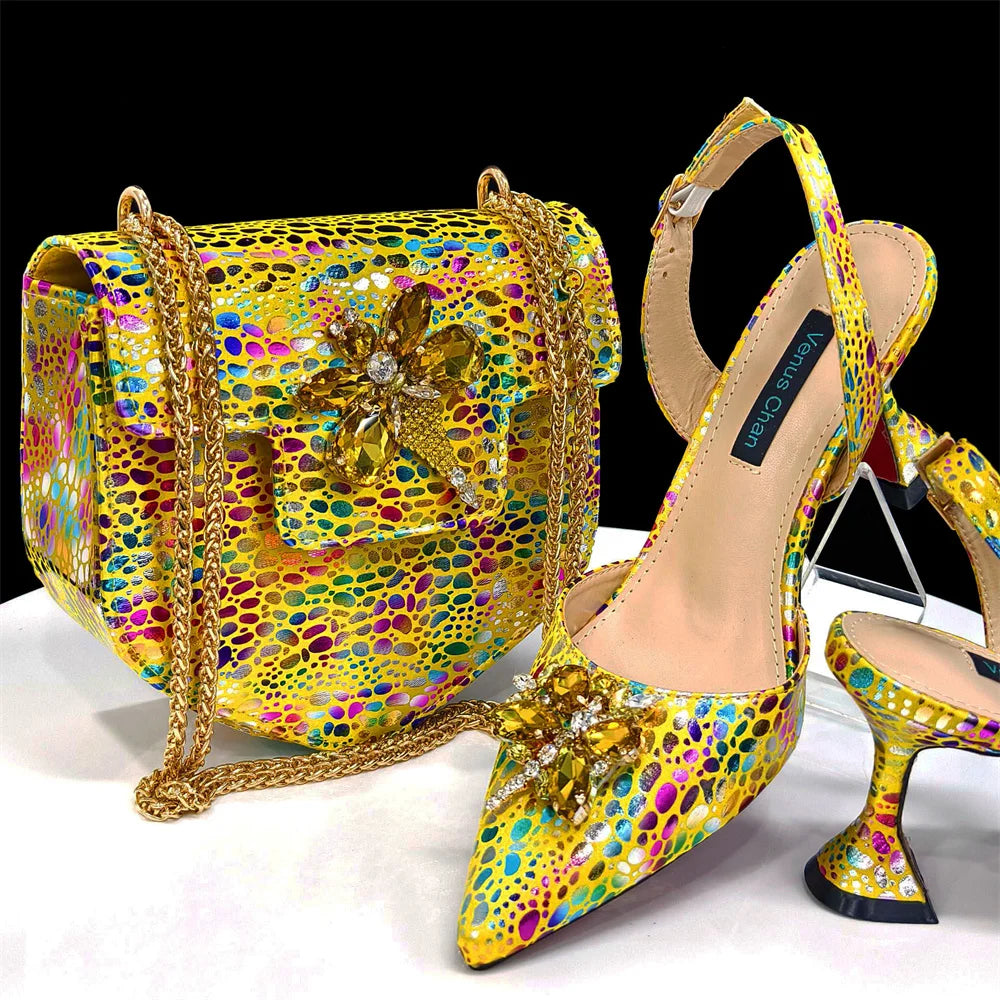 Doershow New Arrival African Wedding Shoes and Bag Set gold Color Italian Shoes with Matching Bags Nigerian lady party1-12
