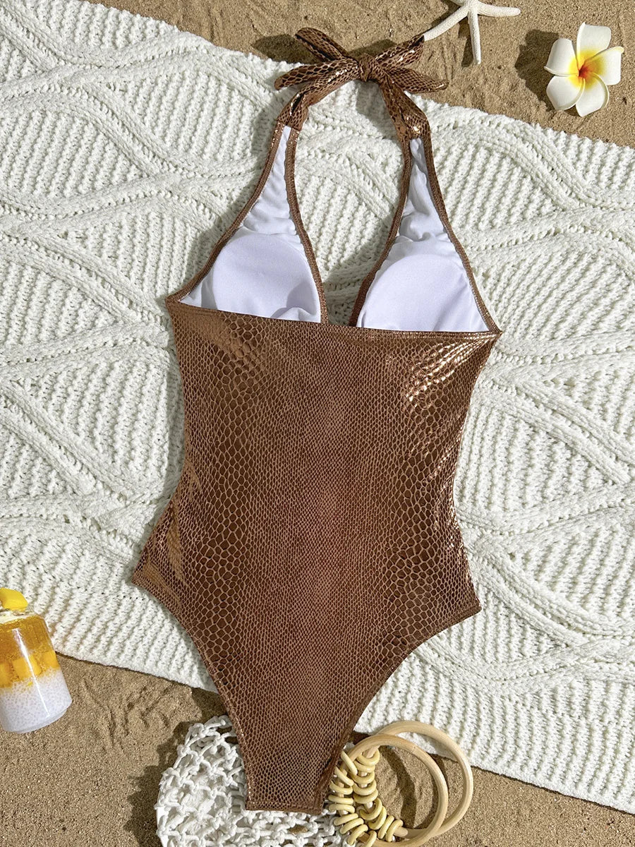 SnakeSkin Halter V Neck Backless One Piece Swimsuit Women Monokini Female Swimwear High Cut Bathing Suit Swim Bodysuit Beachwear