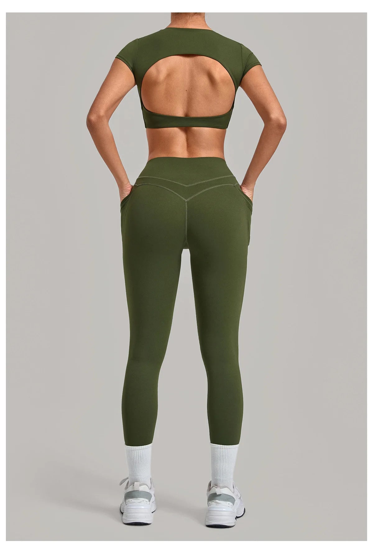Yoga Set Women's Tracksuit Short Sleeve Back Hollow Out Sports Top Athletic Wear Tight High Waist Pocket Leggings Fitness Suits