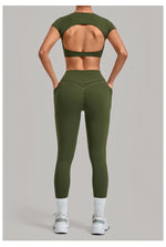 Yoga Set Women's Tracksuit Short Sleeve Back Hollow Out Sports Top Athletic Wear Tight High Waist Pocket Leggings Fitness Suits