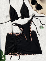 2026 Summer Leopard Print 3 Pieces Suit Swimwear Reversible Sexy Halter Lace-up Bikini Set Drawstring Skirt Cover Up Beachwear