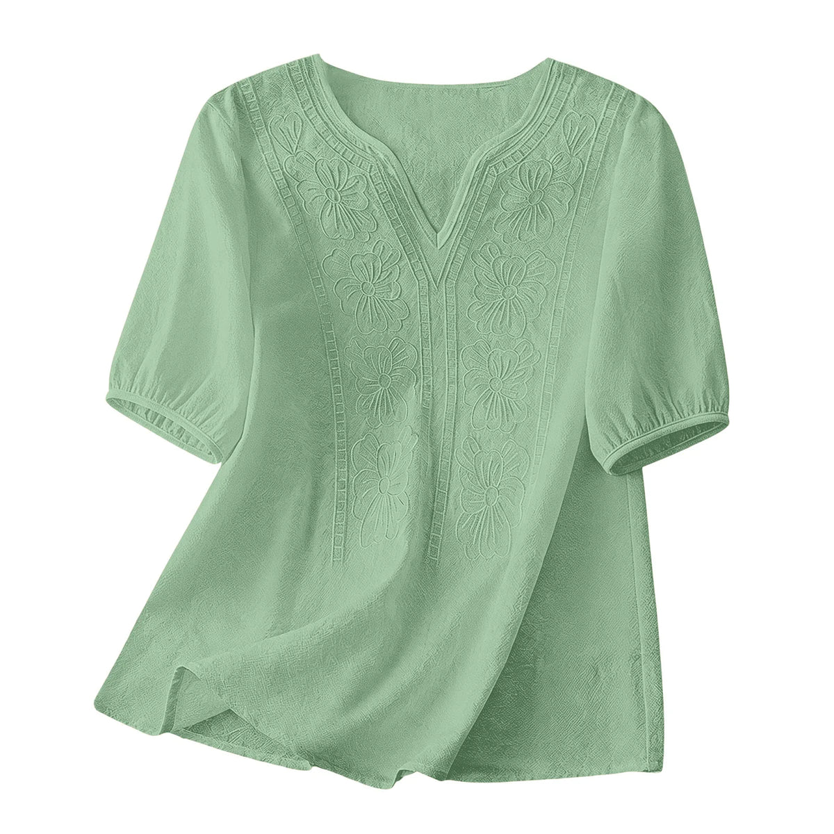 Women Summer Loose Embroidered V Neck Solid Color Short Sleeved Comfortable Button Down Shirt Top женская одежда