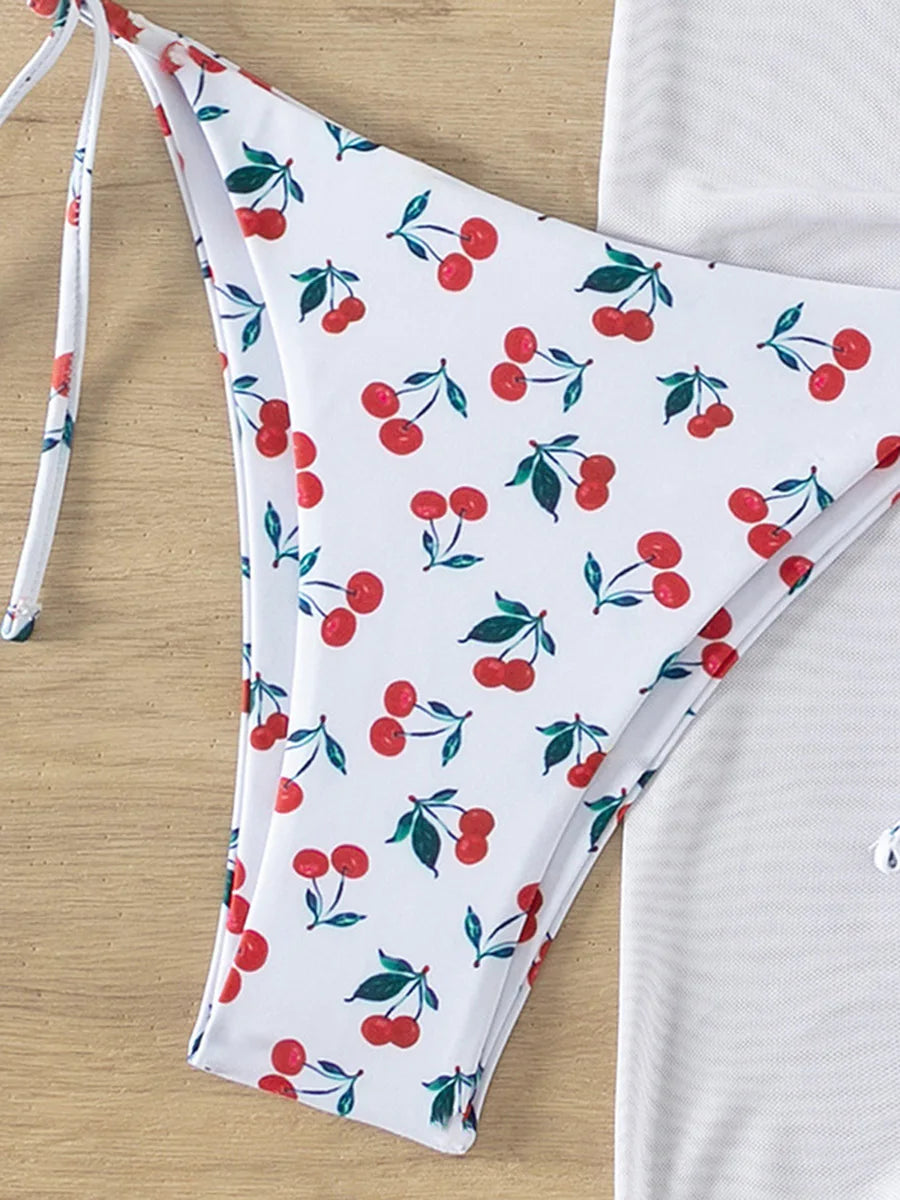 With Mesh Skirt Cherry Printed Bikini Female Swimsuit Women Swimwear Three Pieces Bikini Set Halter Bathing Suit Swim Beachwear