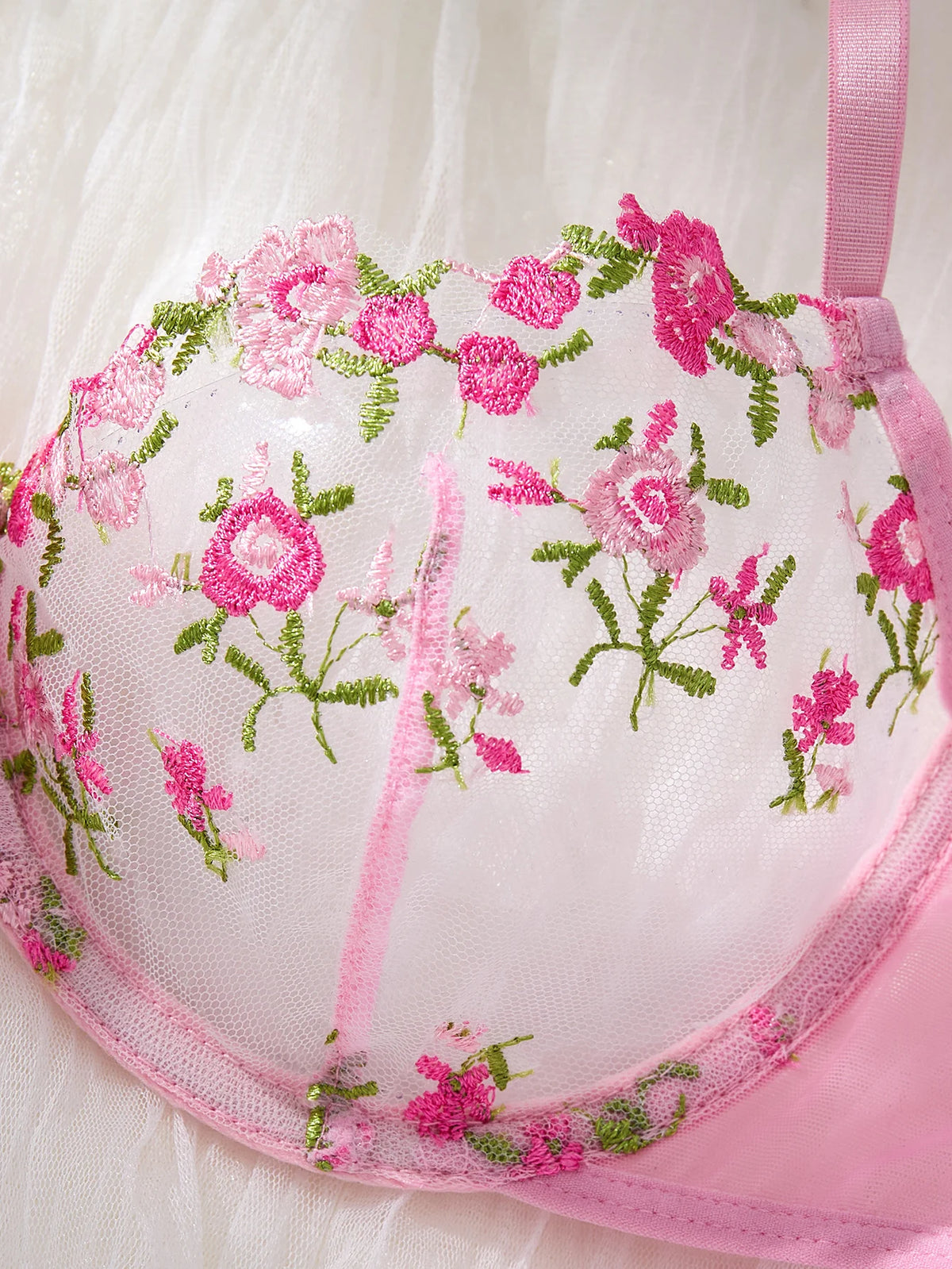 Women's Pink Floral Embroidery Lingerie Set Half Cup Push Up Bra And Thong Sheer Mesh Lace Comfortable Sexy Underwear ZA824026