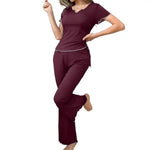 2Pcs Summer Women Pajama Set Slim Fit Short Sleeves V Neck Top Elastic Waist Long Pants Trousers Ladies Sleepwear Loungewear