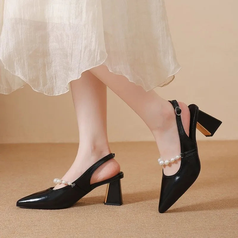 Women's Sandals Cover Toe Chunky Heel Office Lady Sandals Fashion French Butterfly Knot Beads Women Shoes