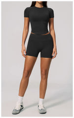 Seamless Yoga Sets Women Short Sleeve O Neck Slim Sports T Shirts Gym Outfits Abdominal Compression Shorts Running Fitness Suit