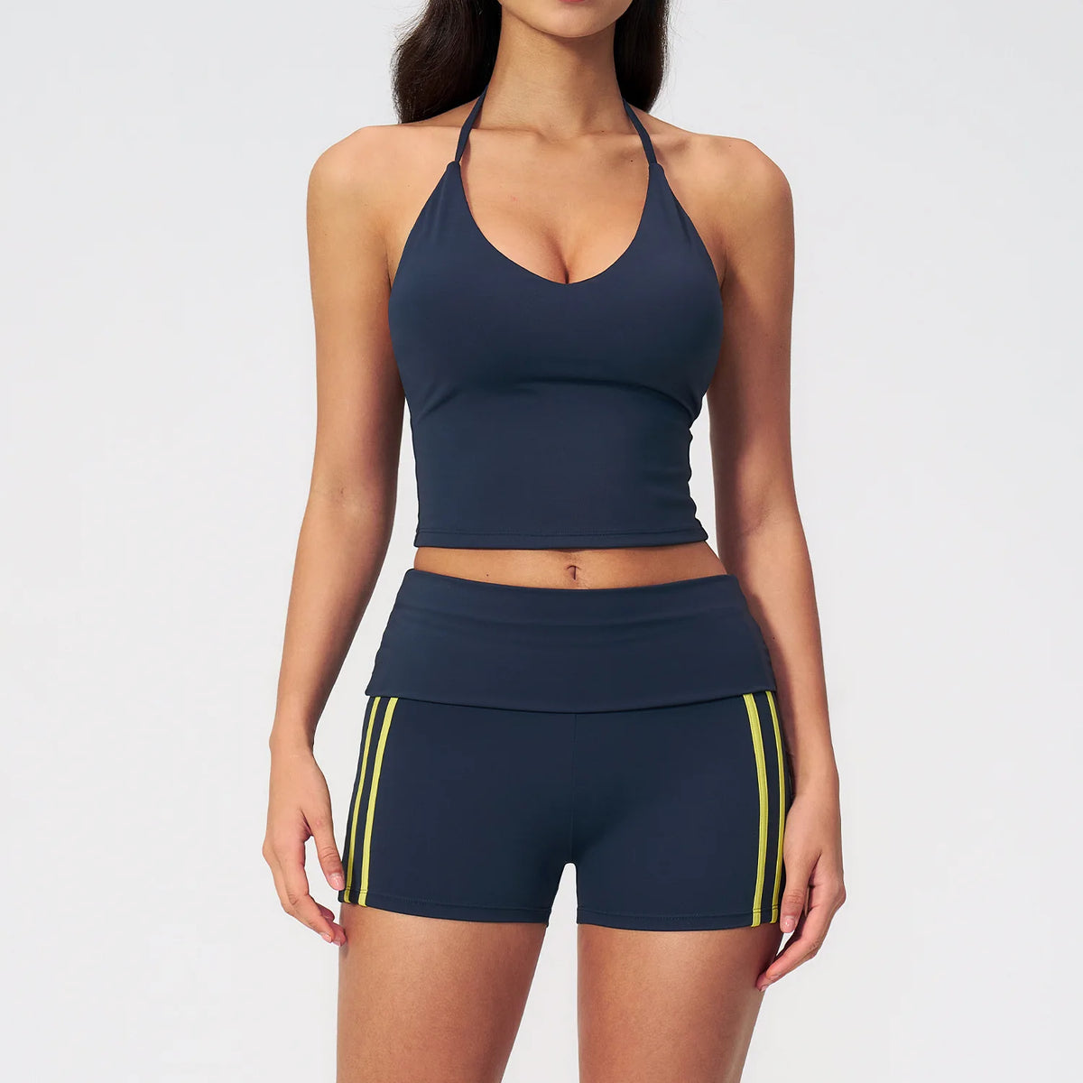 Color Blocked Yoga Suit 2 Pieces Women Slim Sports Tank Top High Waist Leggings Shorts Outfit Tight Outdoor Running Fitness Suit