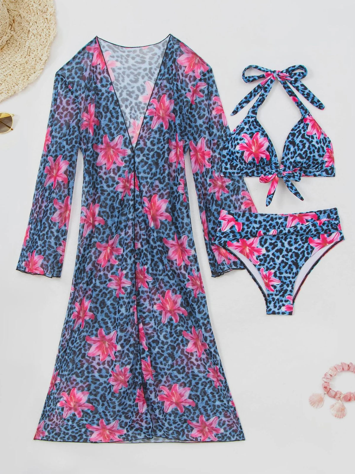 Blue Leopard Print Bikini Set Large Size Women Front Tie Push Up High Waist Swimsuit 2026 Long Sleeve Cover Up 3 Piece Swimsuit