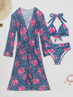 Blue Leopard Print Bikini Set Large Size Women Front Tie Push Up High Waist Swimsuit 2026 Long Sleeve Cover Up 3 Piece Swimsuit