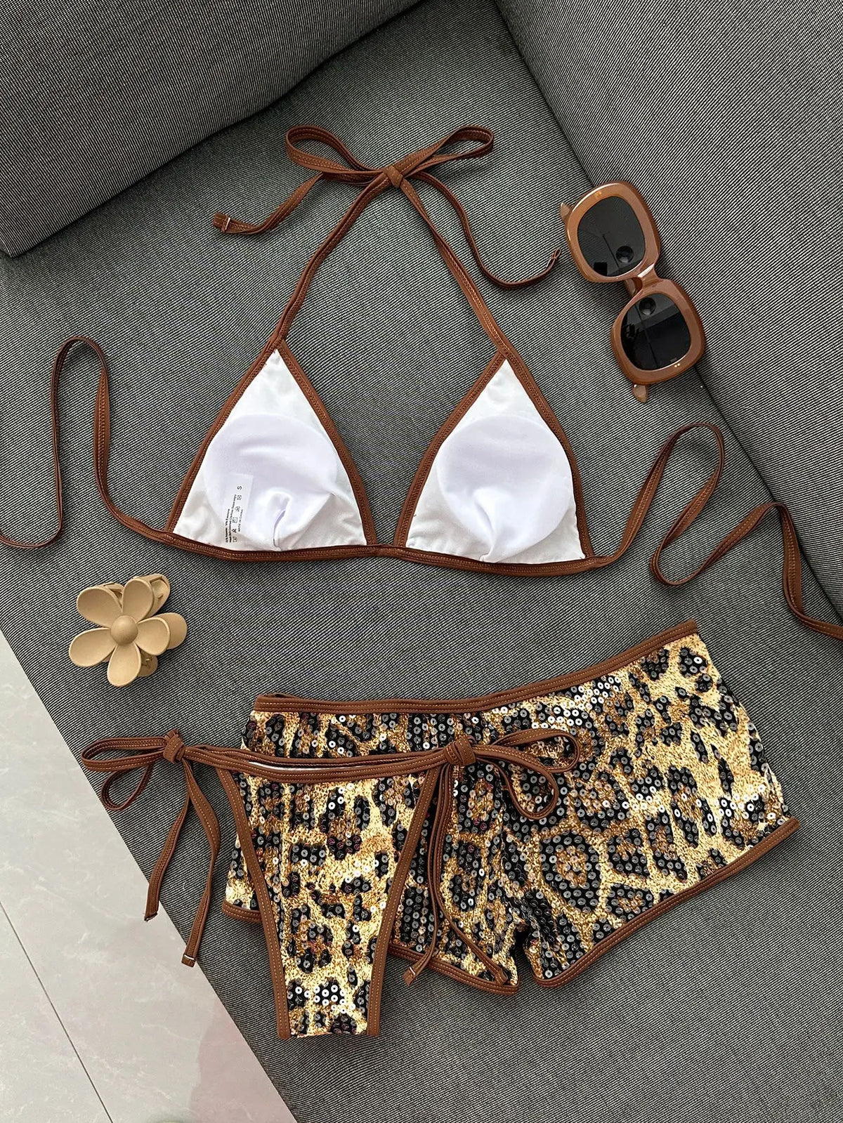 Sexy Sequin Coffee Leopard Print Bikini Set 2026 Women Push Up Bra High Wiast Short 3 Piece Swimsuit Beach Bathing Suit Swimwear