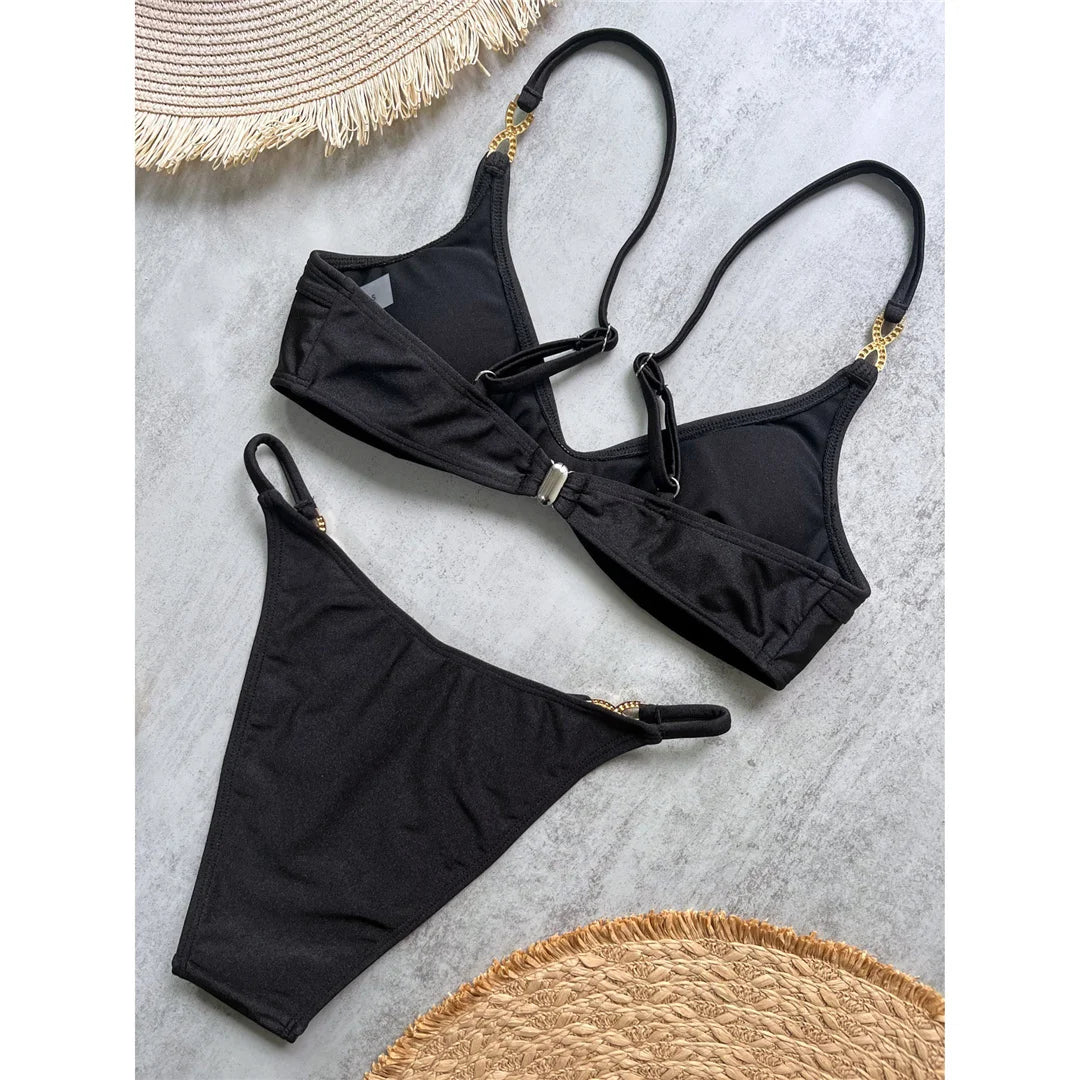 10 Colors V Neck Rhinestones Bikini Female Swimsuit Women Swimwear Padded Bather Bathing Suit Swim Two-pieces Bikini set K8138