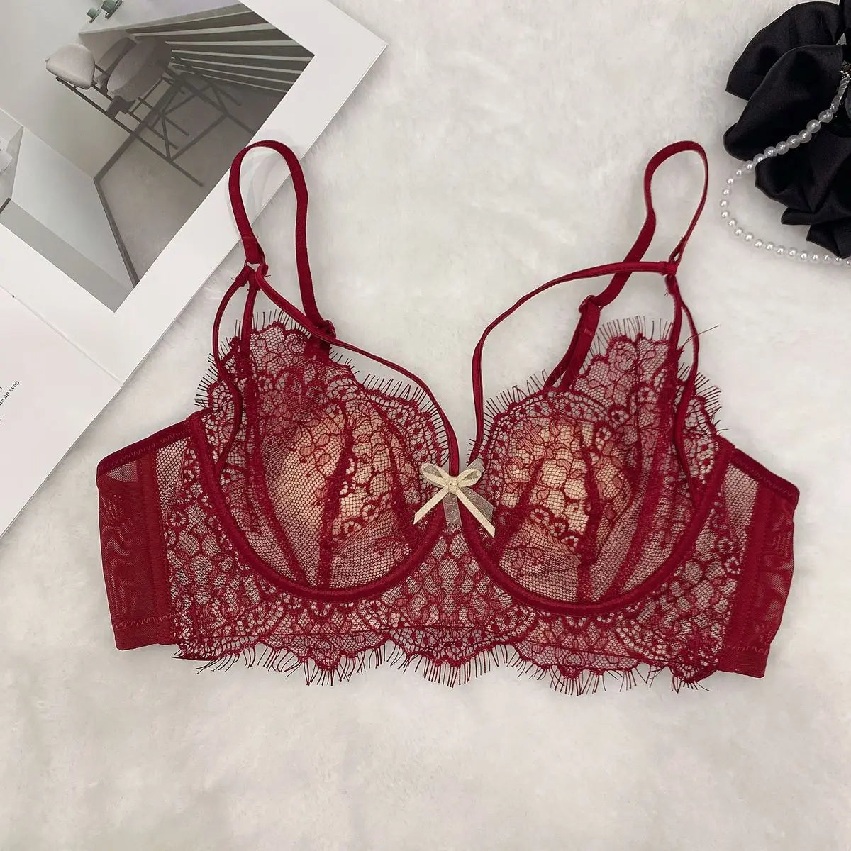 Push Up Bra SetFrench Lace Underwire Comfortable Luxury Breathable Brief Sets Lightweight Bow Semi Transparent Lingerie Set