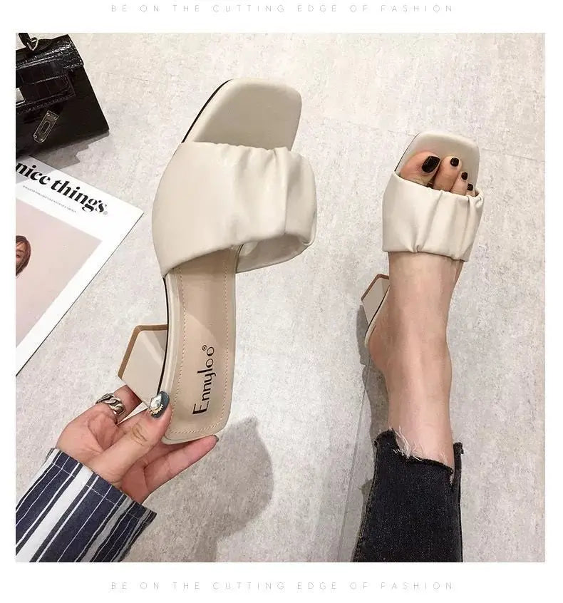 Fashion Strange Style Women Slippers Square Open Toe Slippers Slip on Slides Summers Beach Shoes Woman Heels Zapatillas Mujer