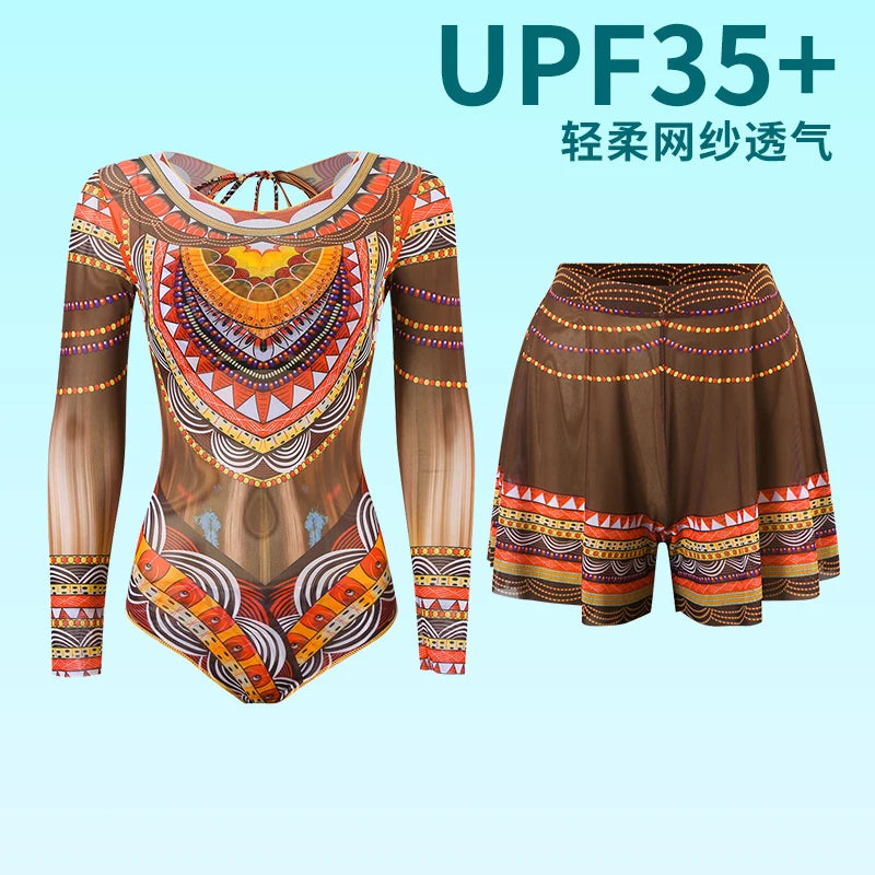 2025 Long Sleeve Sheer Sun Protection One-Piece Set Swimsuit Women Sexy Rash Guard Swimwear Bodysuit Beachwear With Cover up