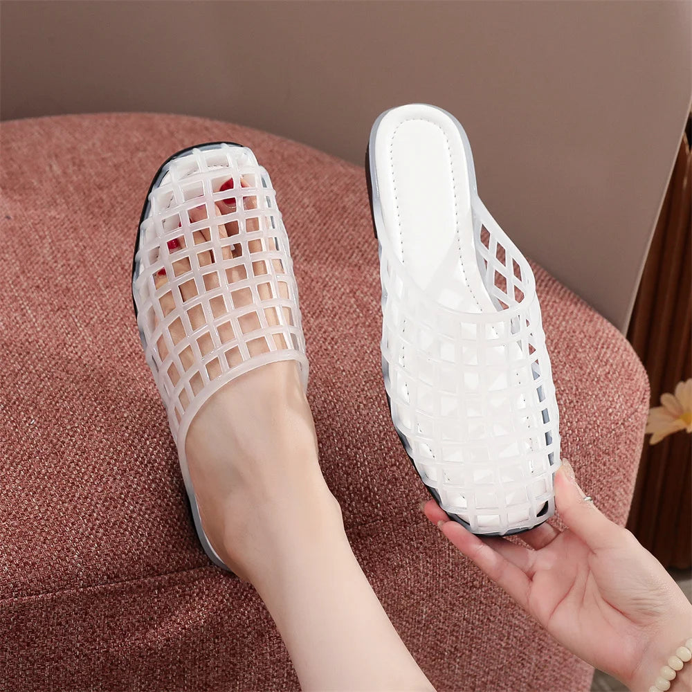EUR Size Transparent PVC Jelly Slide Mules Women Hollow Breathable Cutout Closed Toe Slip On Flat Sandals Indoor Outdoor Slipper