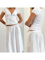 Women's Summer Solid Color Casual Shirt Short Sleeve Deep V Neck Lace Trim Buton Up Party Sweet Crop Tops