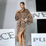 Sexy Leopard Print Satin Long Robe Women Flare Sleeve Tie Waist High Slit Loungewear Outerwear