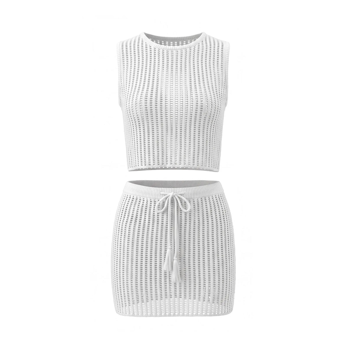 Women Hollow Out Knit Cover-ups Outfit See Through Tank Tops and Drawstring Mini Skirt 2 Piece Sets Daily Casual Beach Summer