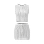 Women Hollow Out Knit Cover-ups Outfit See Through Tank Tops and Drawstring Mini Skirt 2 Piece Sets Daily Casual Beach Summer