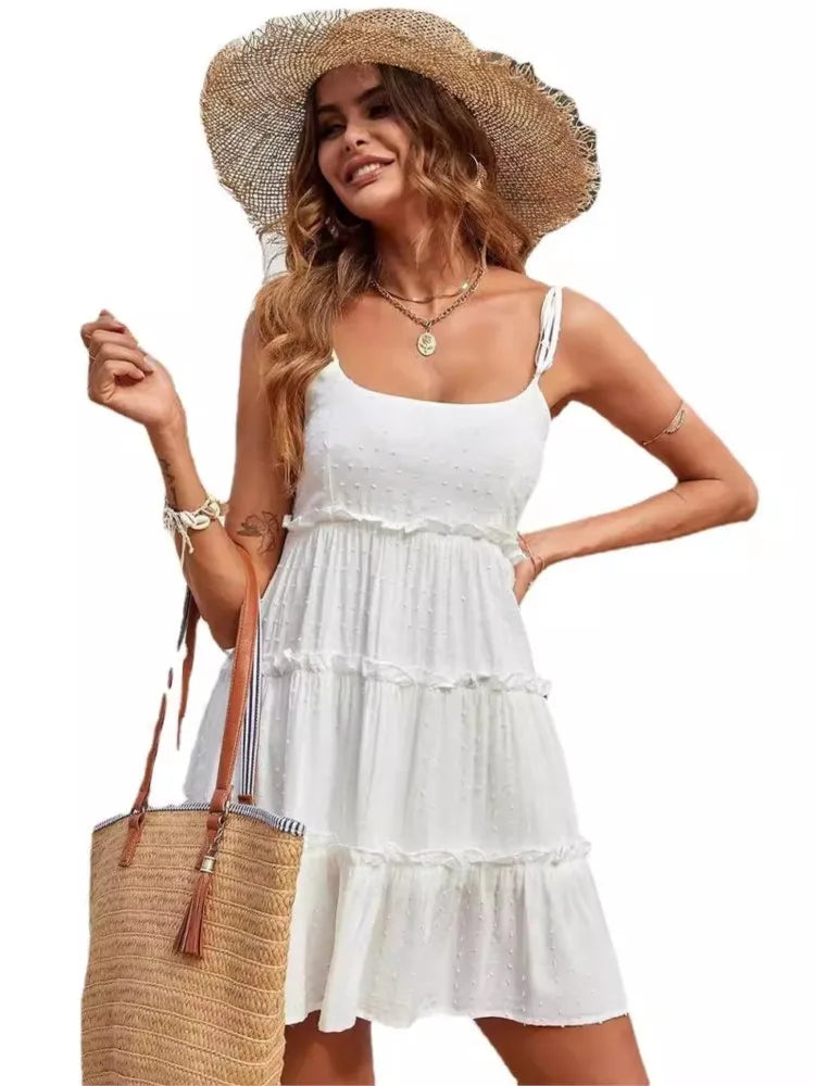 Solid Color Dots Spaghetti Strap Mini Dresses Women Bowknot Leace-up Backless Short Dress Summer Beach Vacation Vestidos Female