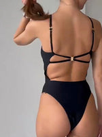 Metal Ring Backless Black Women Swimwear One Piece Swimsuit Female Brazilian High Leg Cut Padded Bather Bathing Suit Swim V7512