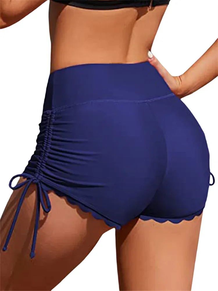 Women Swim Shorts High Waist Drawstring Wavy Hem Bathing Suits Surfing Bottoms 2024 Summer Beach Shorts Swimwear