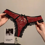 Women’s Flower Embroidery Sexy Thong Spicy Girl Lace Transparent Underpants Thin Summer Hollow Out Panties Bow Briefs