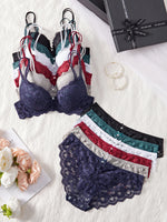 6-Piece Set Women's Bra and Panties Set Sexy Patterned Lace Patchwork No Lining Comfortable Fitting Women's Push-Up Bra Women's Underwear Set