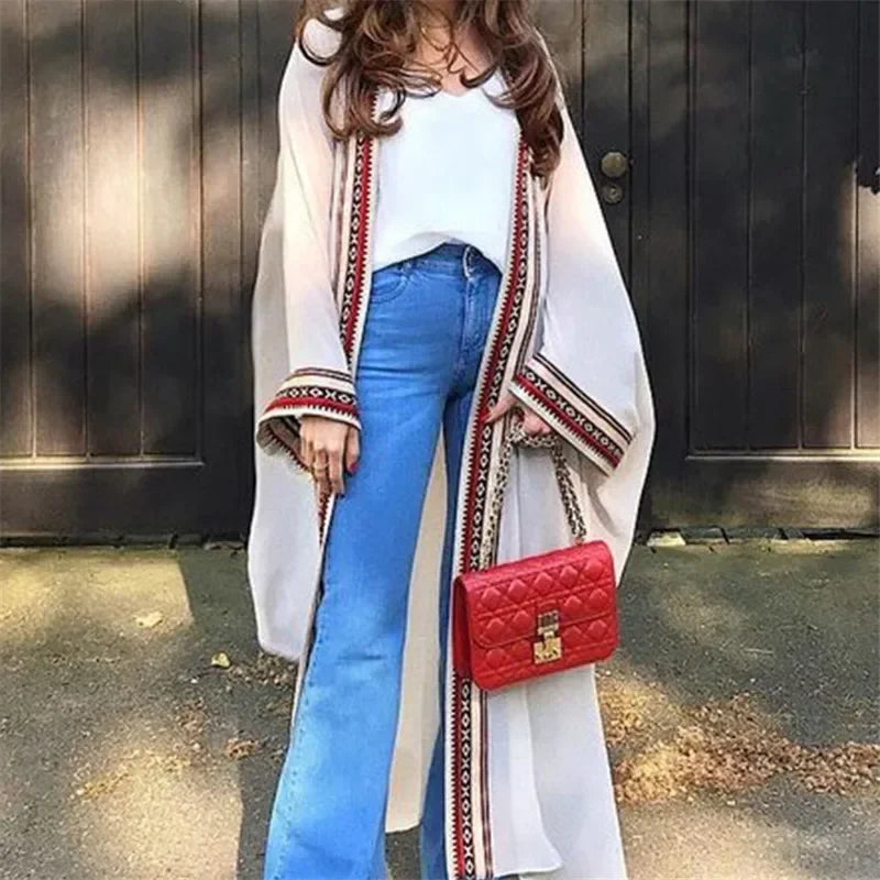 White Chiffon Long Maxi Kimono Cardigan Women Beach Cover Up Embroidery Edge with Belt Tunica Kaftans Femininos Beachwear 2026