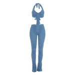 Sexy hot girl solid color see-through slim fit knitted deep V jumpsuit