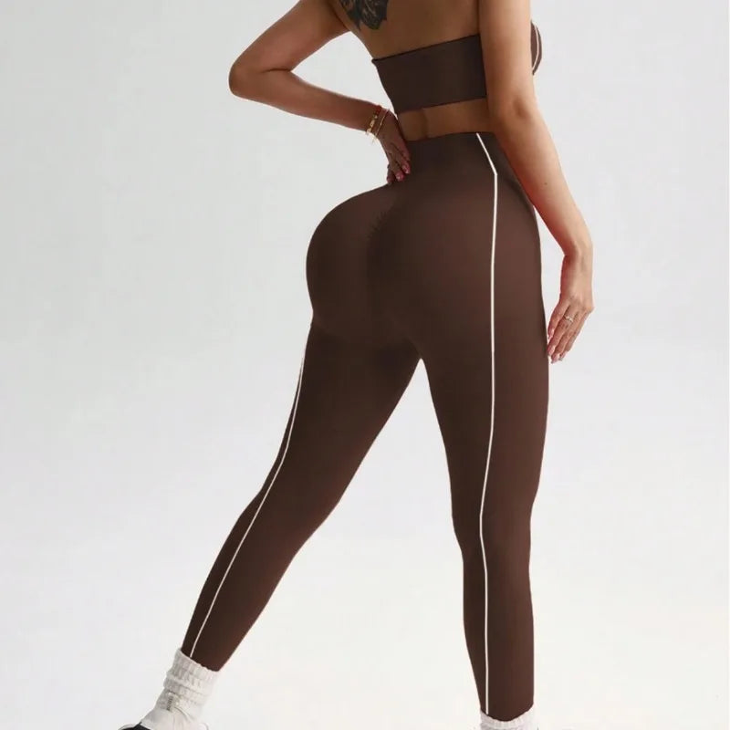 Women Strapless Bandeau Sports Bra Seamless High Waist Yoga Leggings Set Padded Workout Fitness Gym 2 Piece Outfits