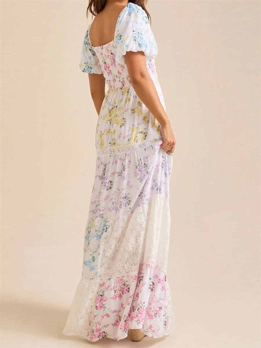 Women Summer Floral Print Dress Square Neck Puff Short Sleeve Ruffle Hem A-Line Dress Retro Casual Streetwear