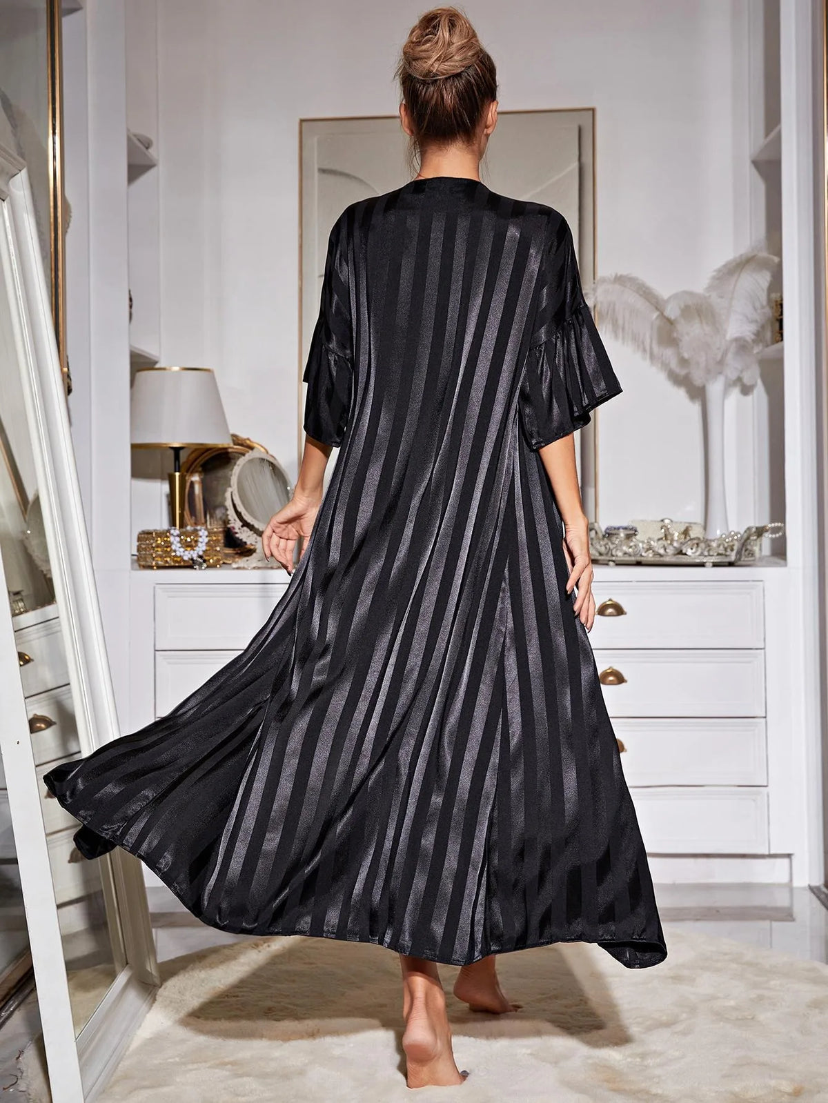 Strap sleepwear women's imitation silk long sleeved high-end ice silk nightgown home suit set