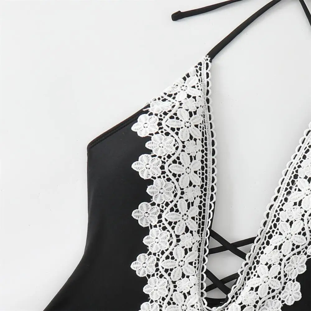 Sexy Push Up Tummy Control Swimwear Women Black Plunge Neck Padded One Piece Swimsuit Lace Beach Bathing Suit Bodysuit Monokini
