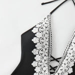 Sexy Push Up Tummy Control Swimwear Women Black Plunge Neck Padded One Piece Swimsuit Lace Beach Bathing Suit Bodysuit Monokini