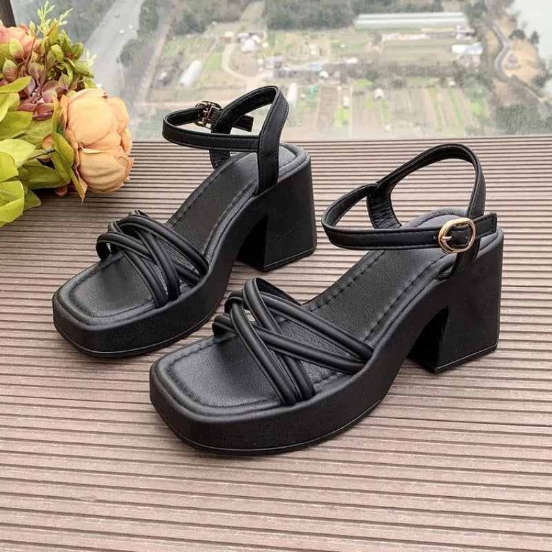 2026 New Fashion Summer OpenRound Toe Bottom Buckle Shallow Mouth Casual Thick High Heel Large Women's Sandals 35-42