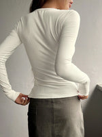 Women's Casual Solid Color Slim Fit Half-Button Long Sleeve T-shirt Commuting Rib-Knit Cropped Top Spring/Fall