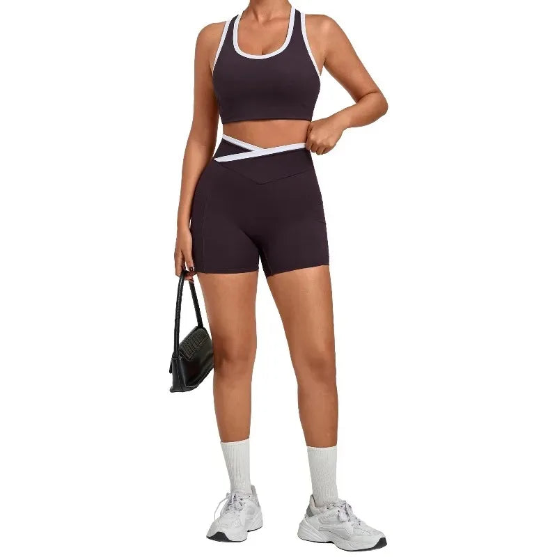 Women's Seamless Yoga Sets Sports Fitness High Waist Hip-lifting Shorts Back Beauty Sleeveless Suits Gym Training Workout Sets