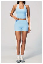 Naked Color Contrast Yoga Sets Women Hanging Neck Sports Vest Gym Clothes Breathable High Waist Shorts Fitness Suits Tracksuit