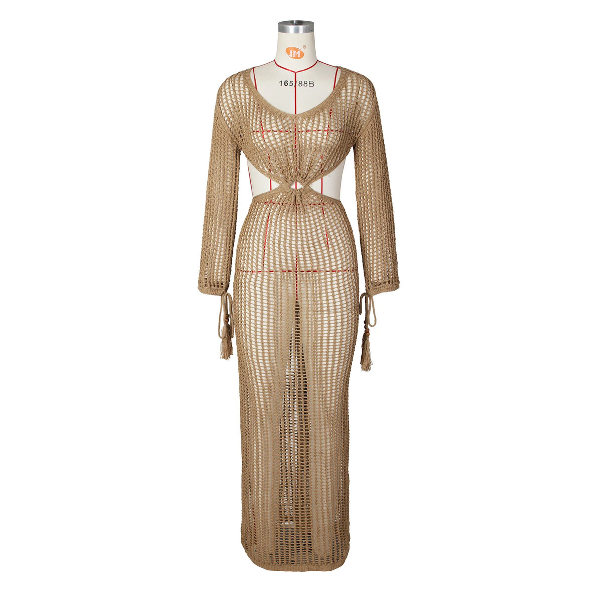 DEKA New Sexy Knit Mesh Cut Out Deep V Neck Long-sleeve Lace-up Fringe Tunic Summer Women Swimsuit Cover-ups Beach Maxi Dress