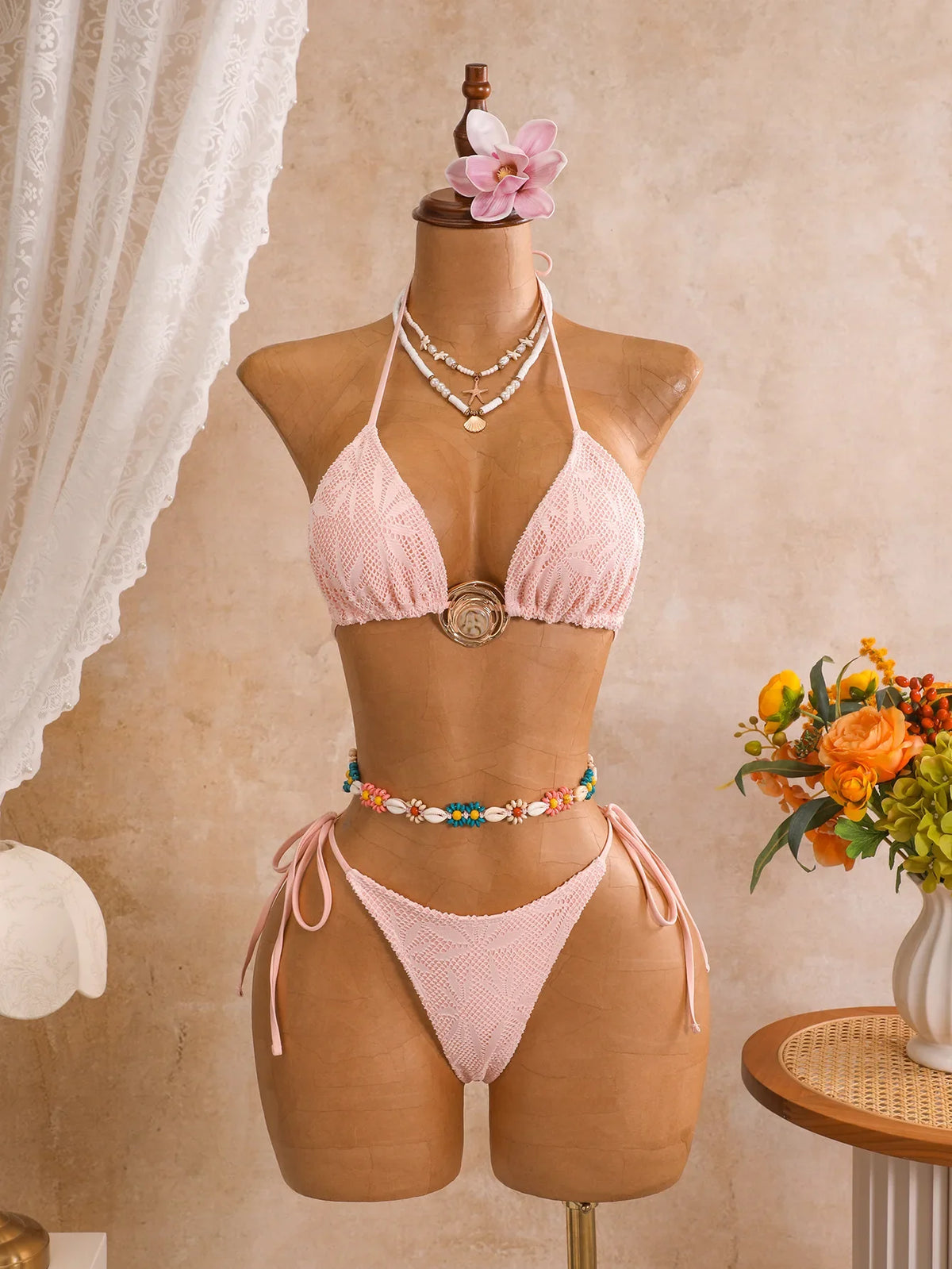 Sexy Mesh Cover Up 3 Piece Bikini Set 2026 Women White Metal Circle Push Up Bra Thong Swimwear Holiday Bathing Suit Swimsuit