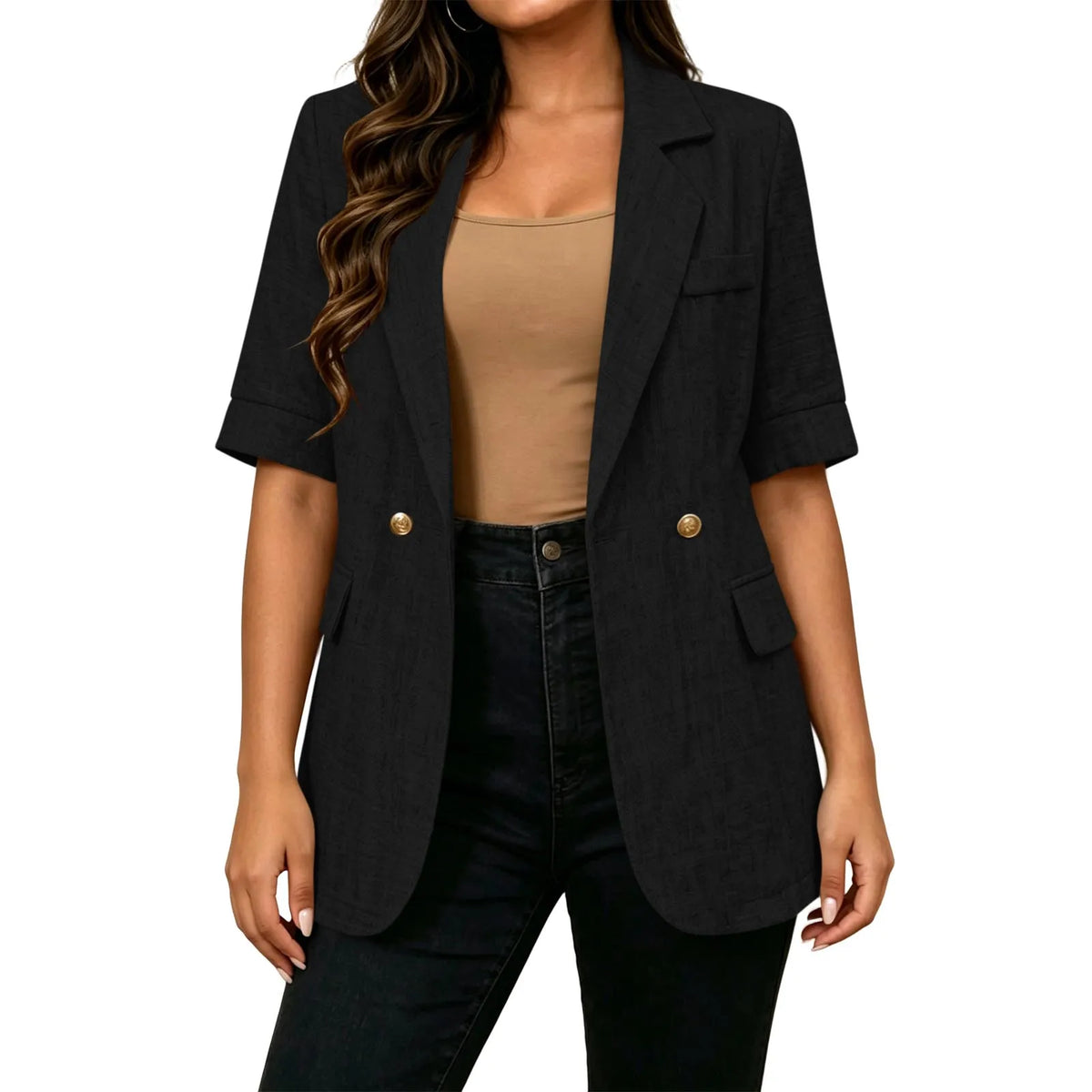 Women Textured Blazer Jacket Lapel Collar Double Breasted Half Sleeve Pocket Loose Suit Coat Elegant Office Summer Outerwear