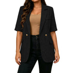Women Textured Blazer Jacket Lapel Collar Double Breasted Half Sleeve Pocket Loose Suit Coat Elegant Office Summer Outerwear